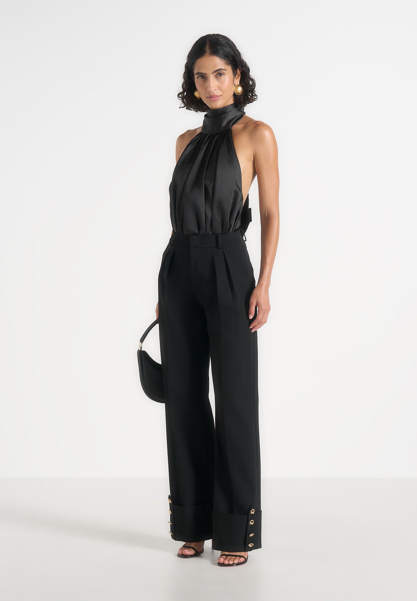 Phoebe - Satin Tie-Neck Blouson Open Back Top - Black