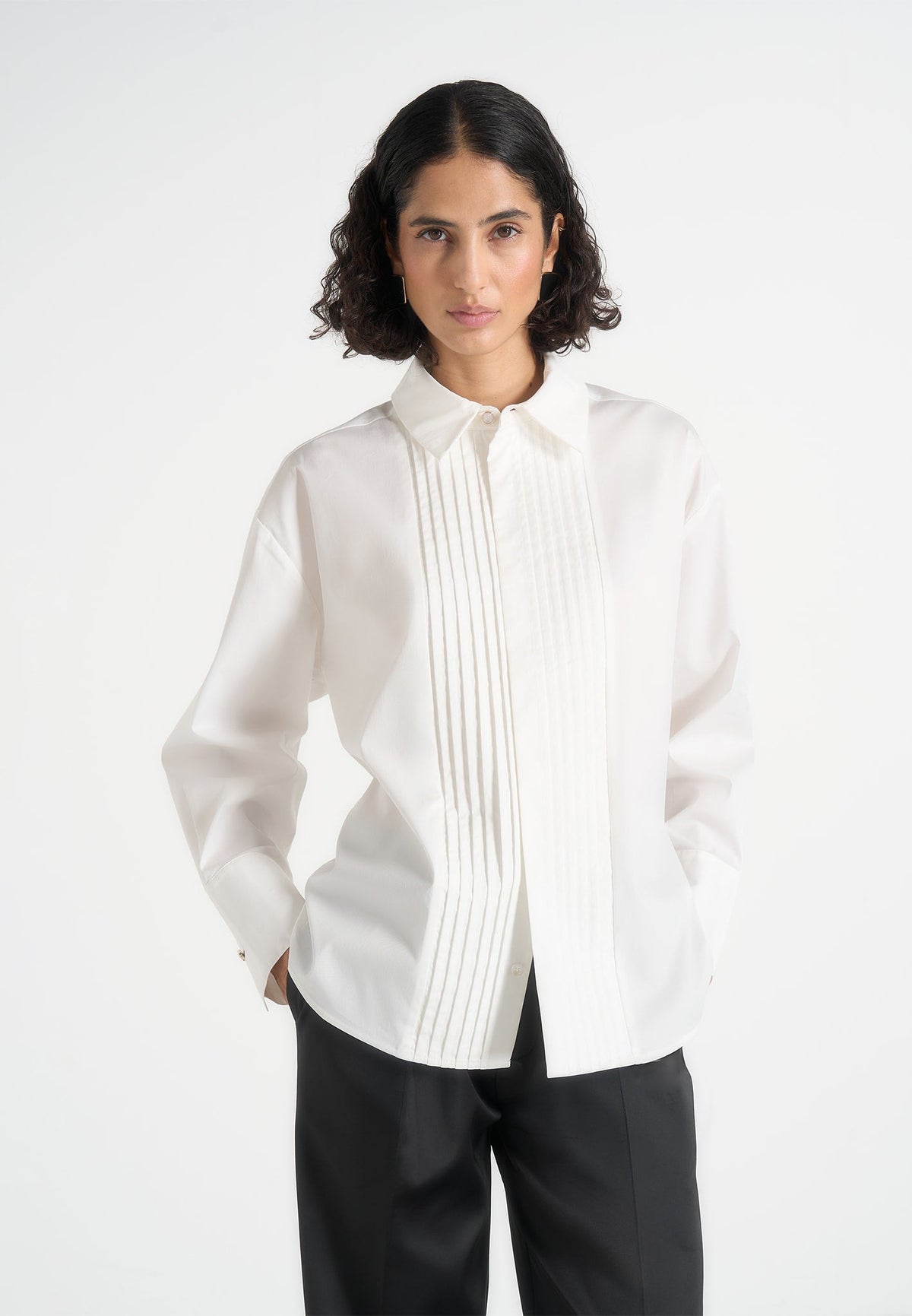 Hope - Pleated Tuxedo Cotton Shirt with Cinch Back - White