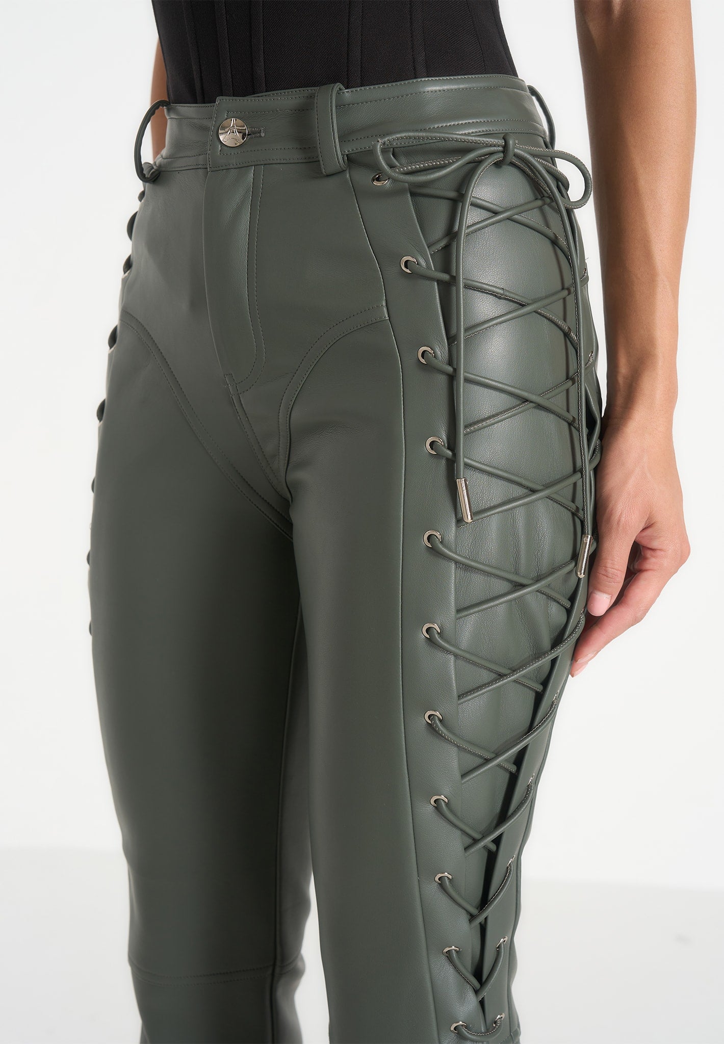 Ambre - Leather Lace Up Flared Pants - Olive