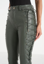 Ambre - Leather Lace Up Flared Pants - Olive