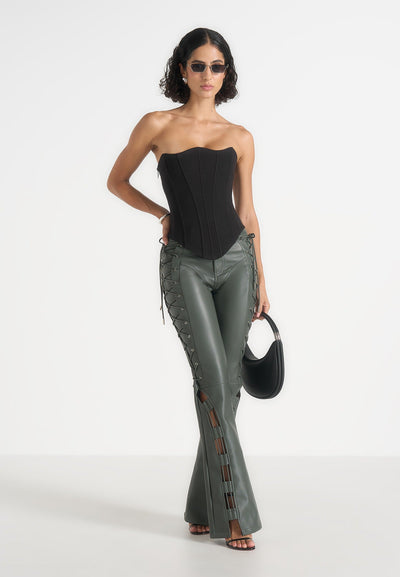 Ambre - Leather Lace Up Flared Pants - Olive