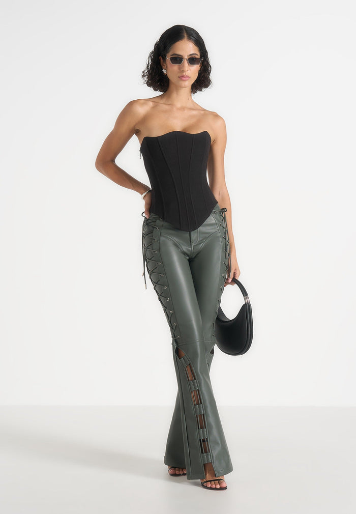 Ambre - Leather Lace Up Flared Pants - Olive