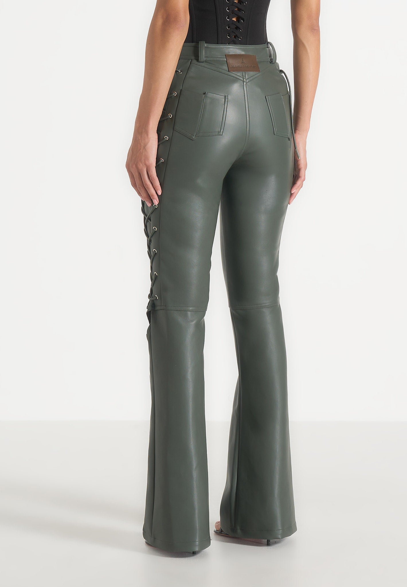 Ambre - Leather Lace Up Flared Pants - Olive