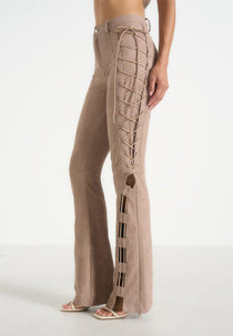 Ambre - Suede Lace Up Flared Pants - Taupe