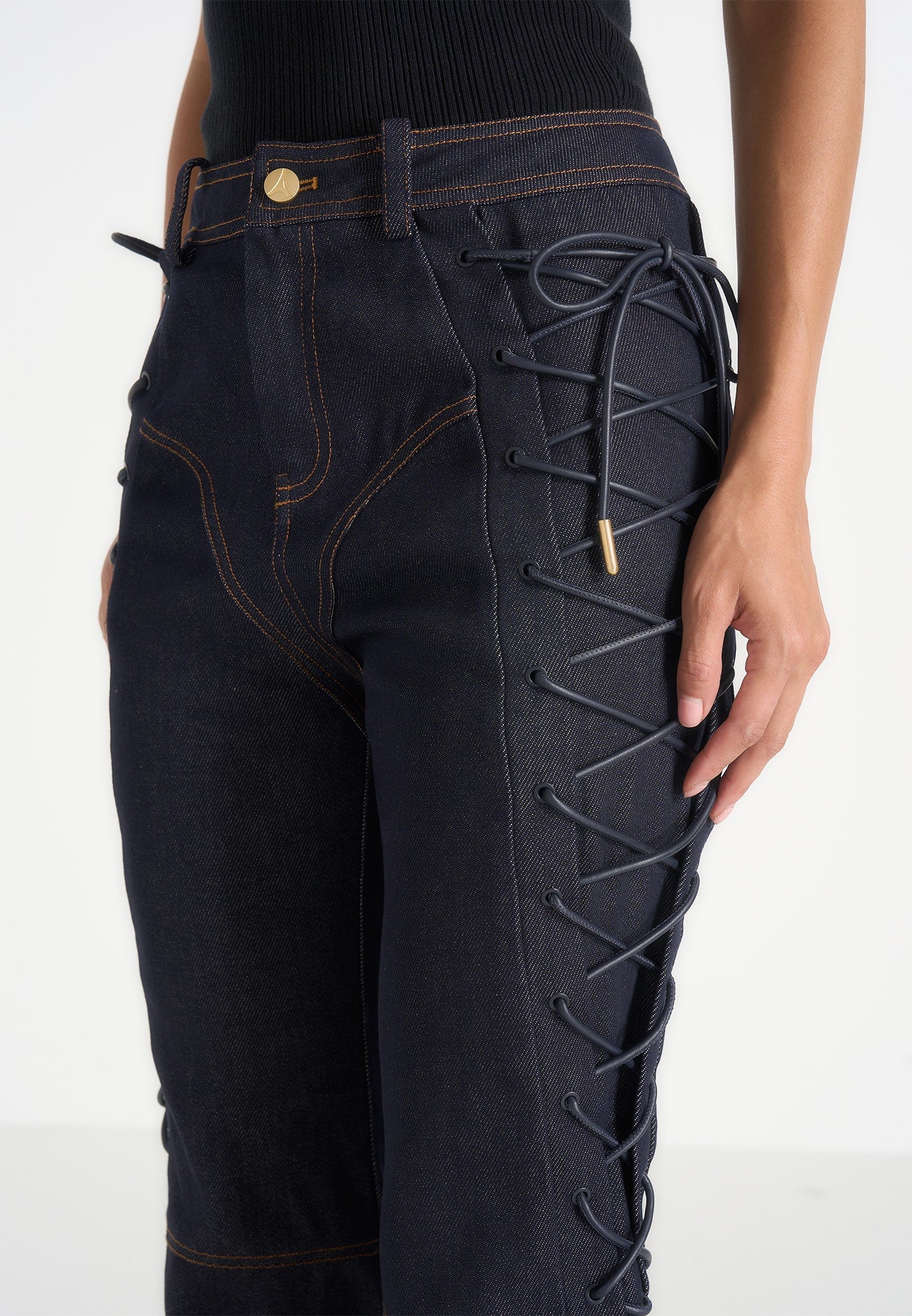 Ambre - Denim Lace Up Flared Jeans - Indigo