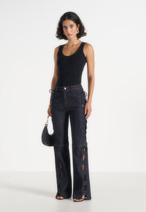 Ambre - Denim Lace Up Flared Jeans - Indigo