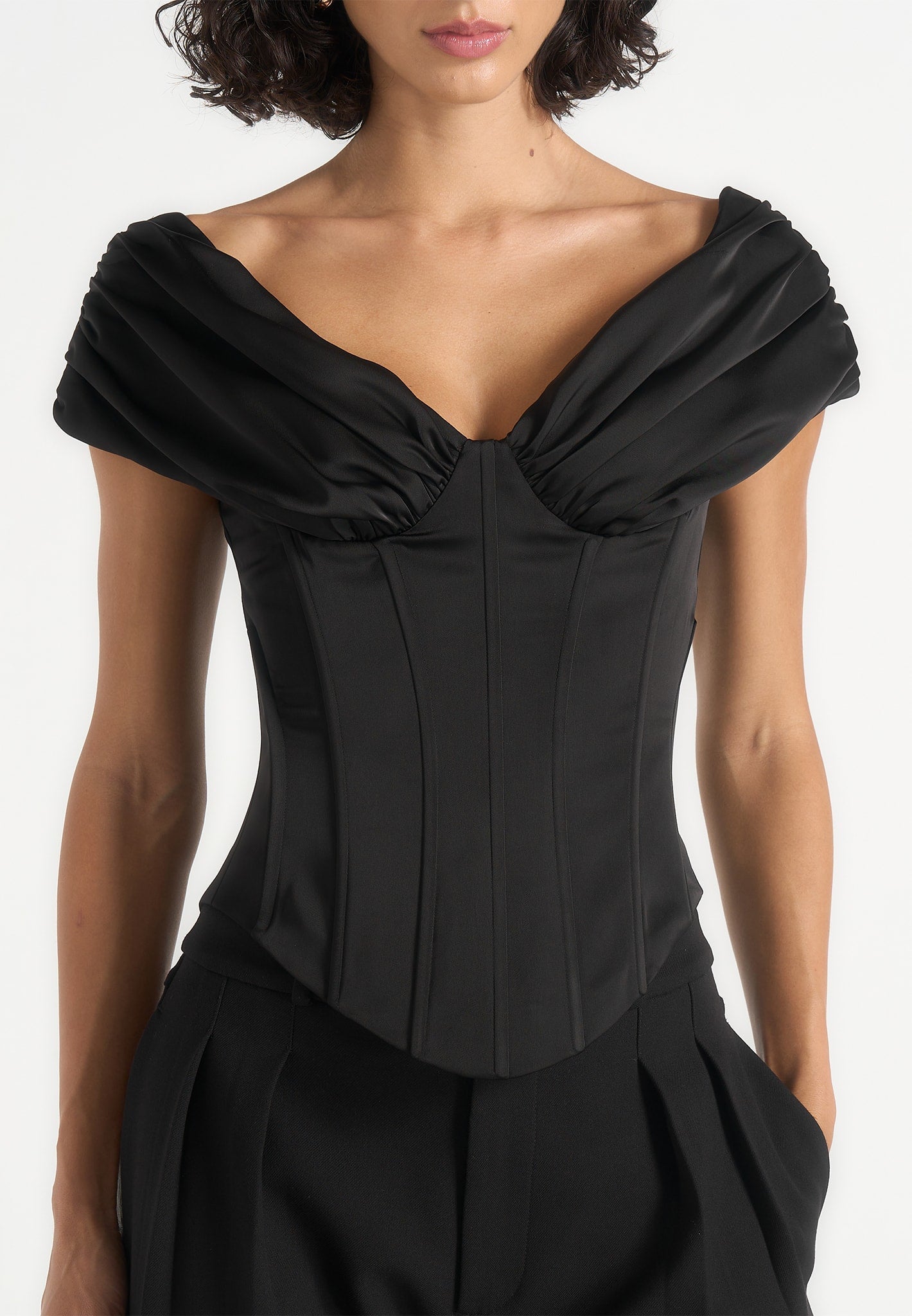 Ursula - Off-Shoulder Pleated Corset Top – Black