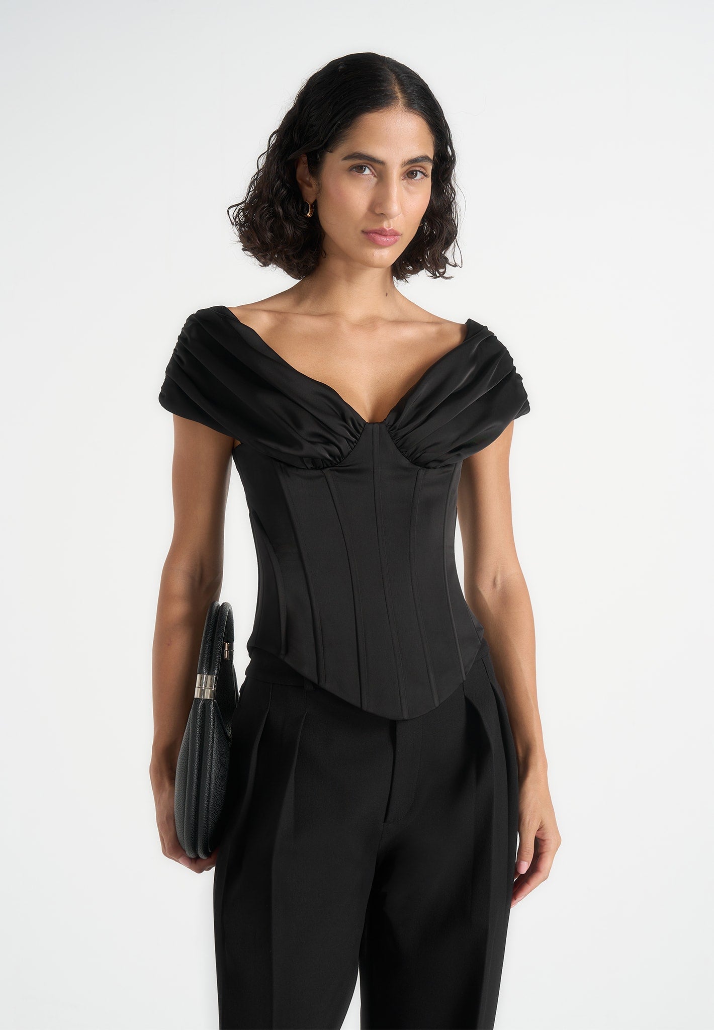Ursula - Off-Shoulder Pleated Corset Top – Black
