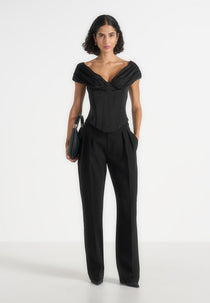 Ursula - Off-Shoulder Pleated Corset Top – Black
