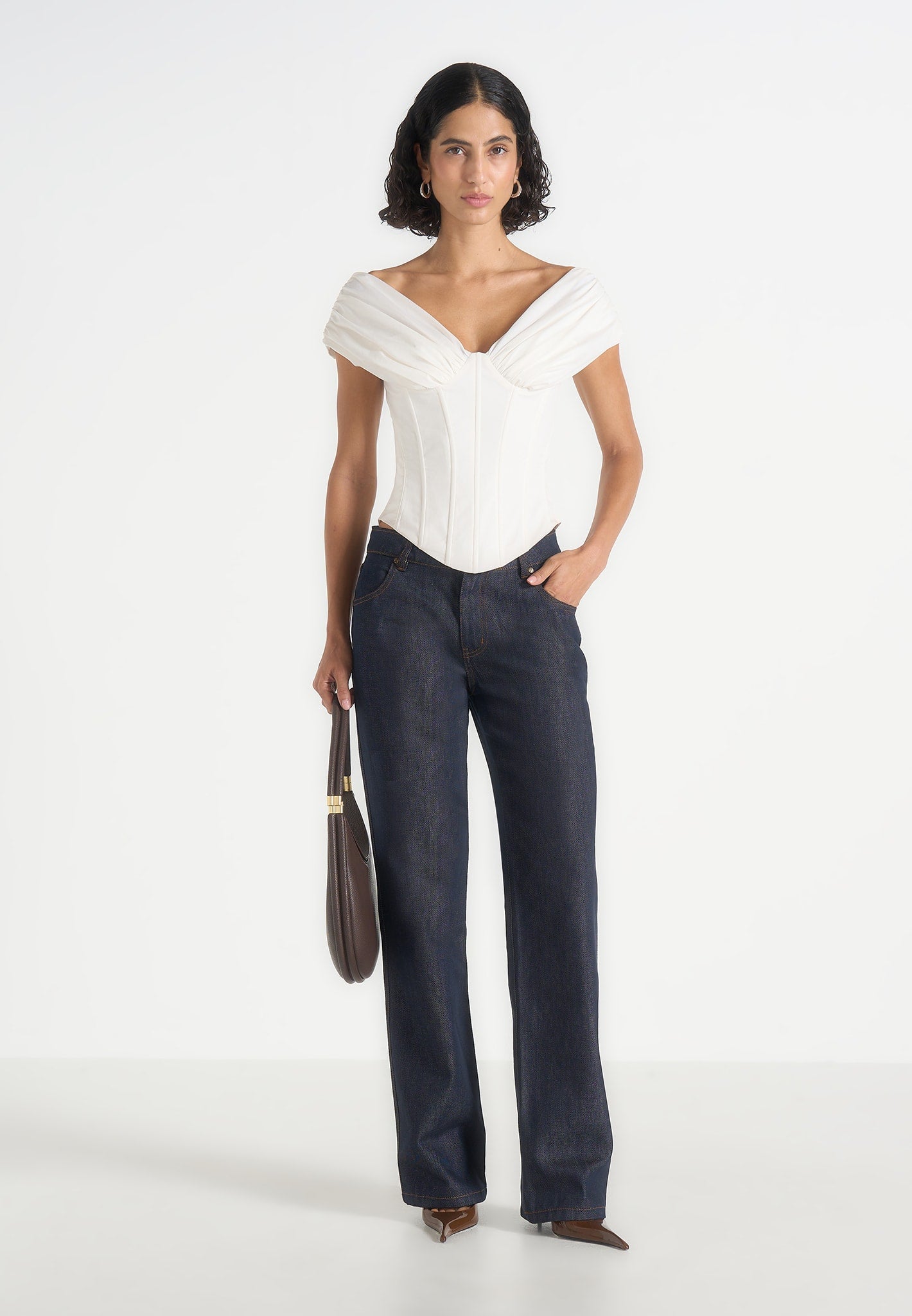 Ursula - Off-Shoulder Pleated Cotton Corset Top – White
