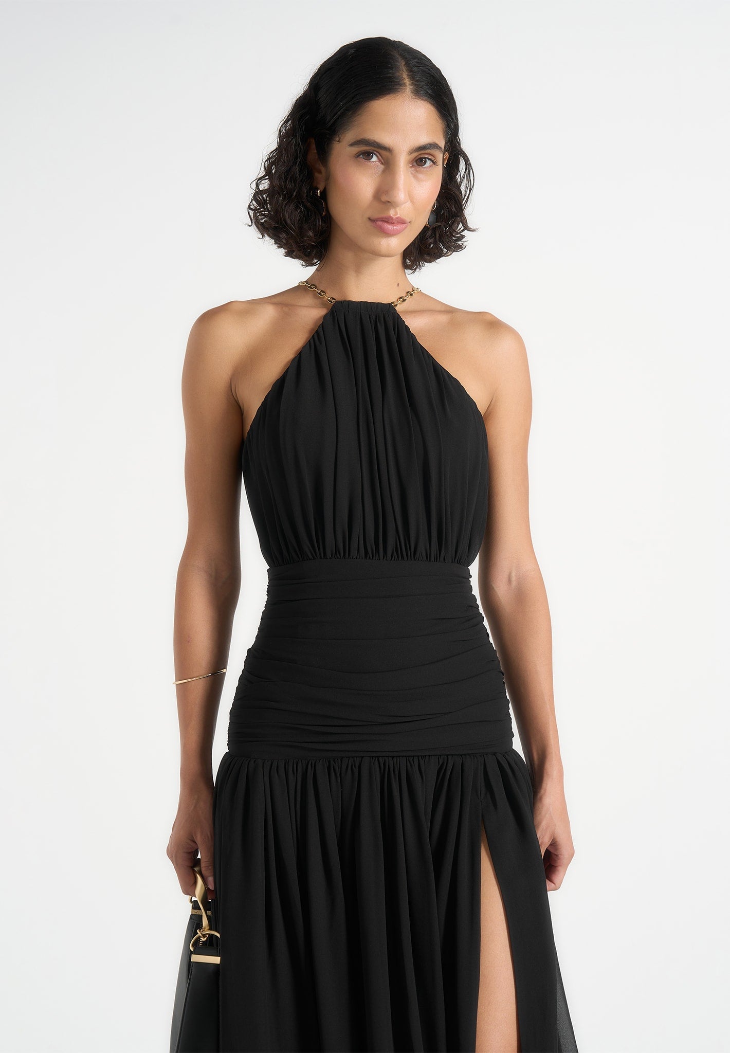 Fabienne - Metallic Ruched Halterneck Maxi Dress – Black