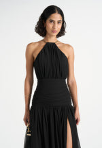 Fabienne - Metallic Ruched Halterneck Maxi Dress – Black