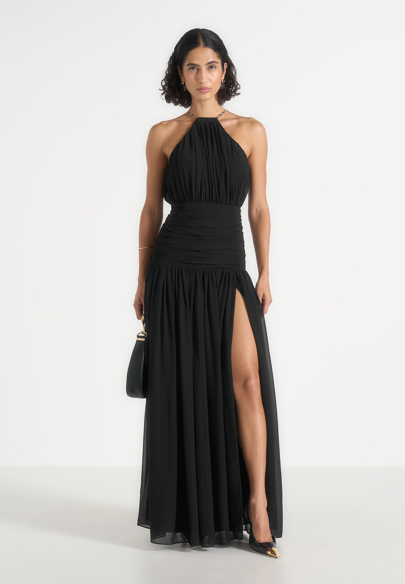 Fabienne - Metallic Ruched Halterneck Maxi Dress – Black