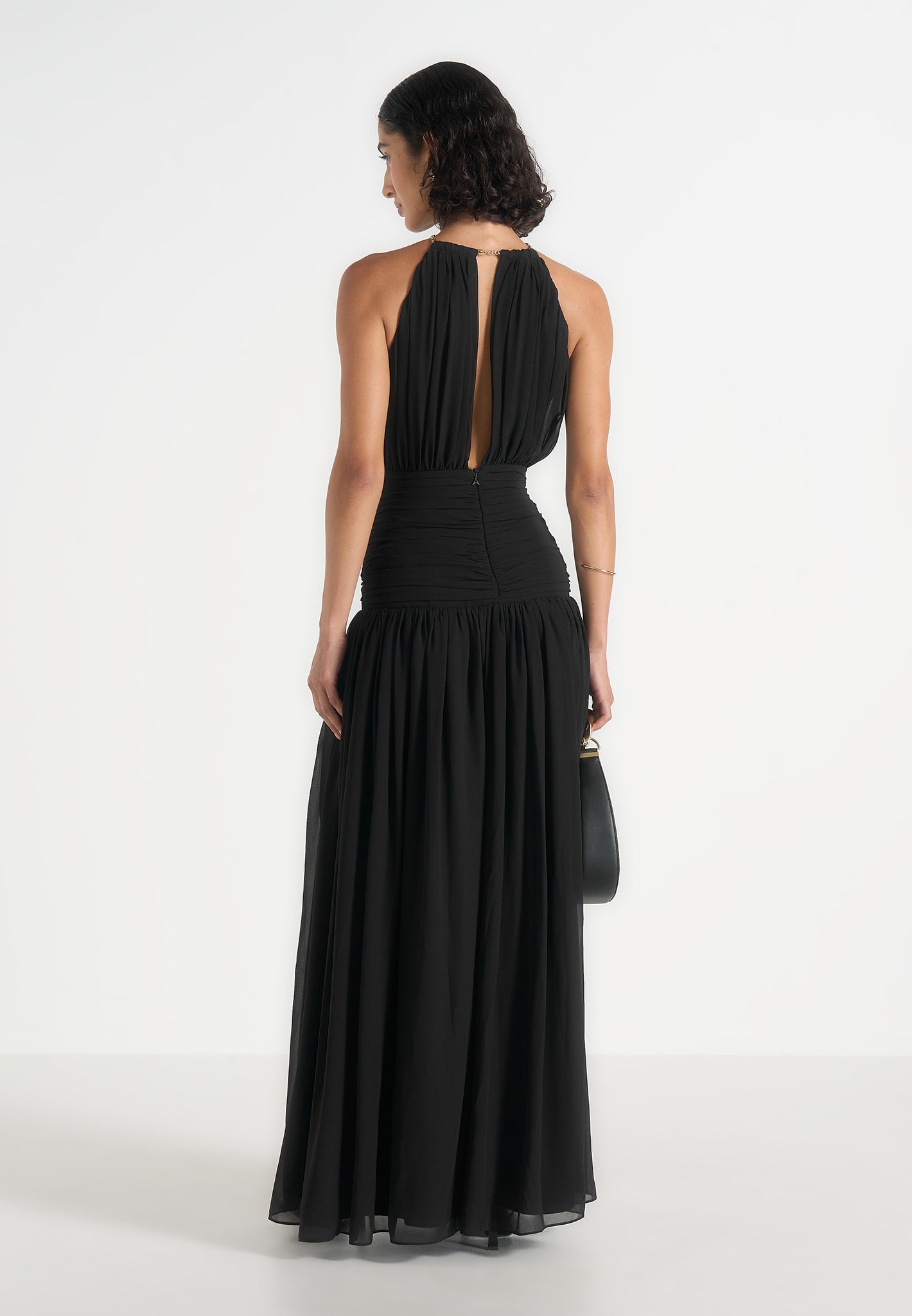 Fabienne - Metallic Ruched Halterneck Maxi Dress – Black