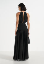 Fabienne - Metallic Ruched Halterneck Maxi Dress – Black