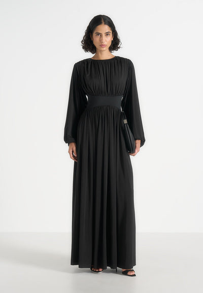 ivana-modest-pleated-cinch-maxi-dress-black
