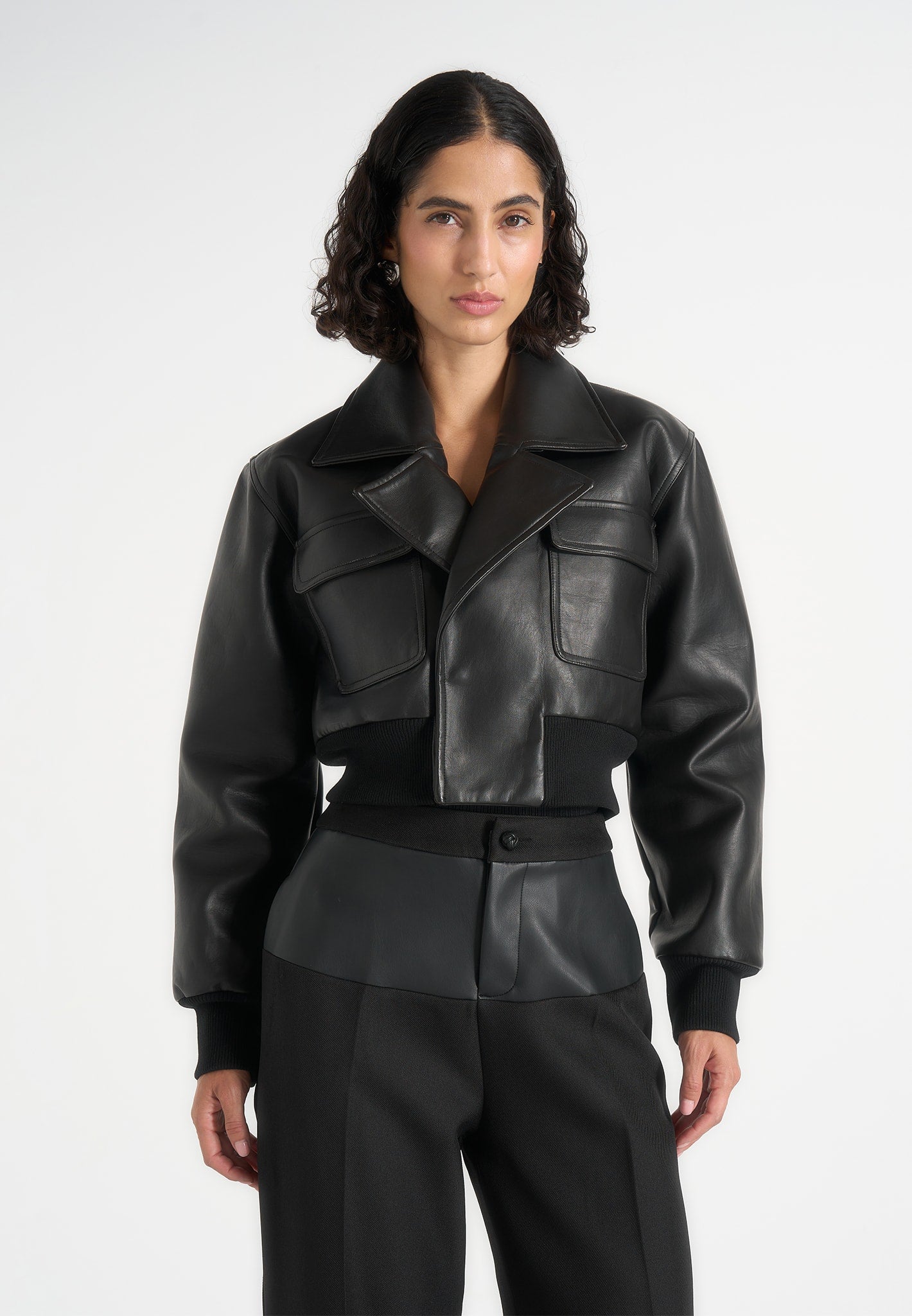 Cosette - Leather Lapel Bomber Jacket - Black