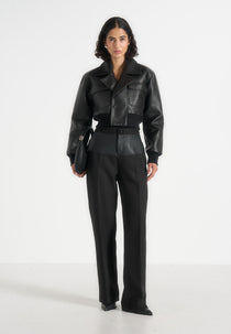 Cosette - Leather Lapel Bomber Jacket - Black