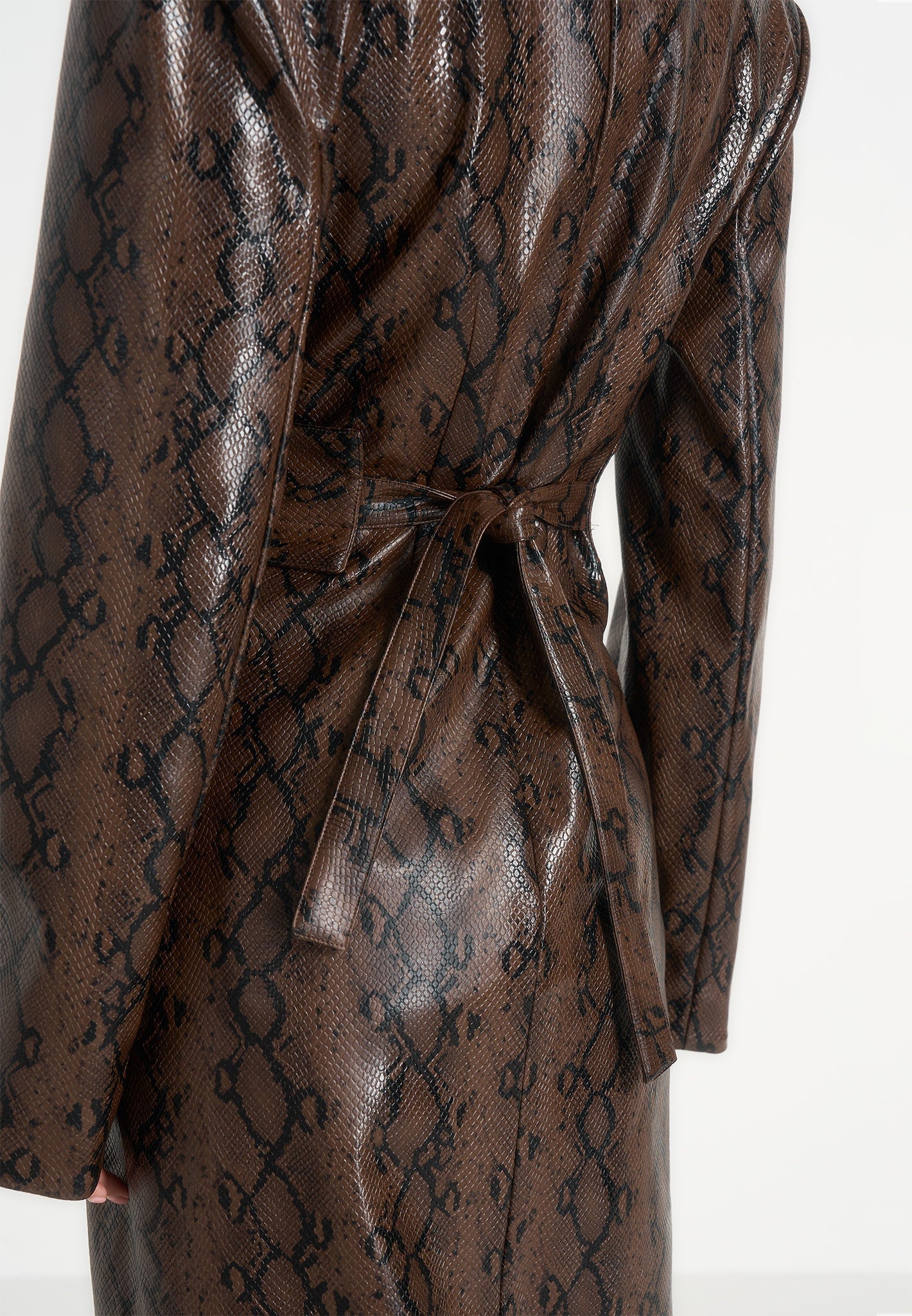 Esma - Python Asymmetric Coat with Cinch Belt - Brown