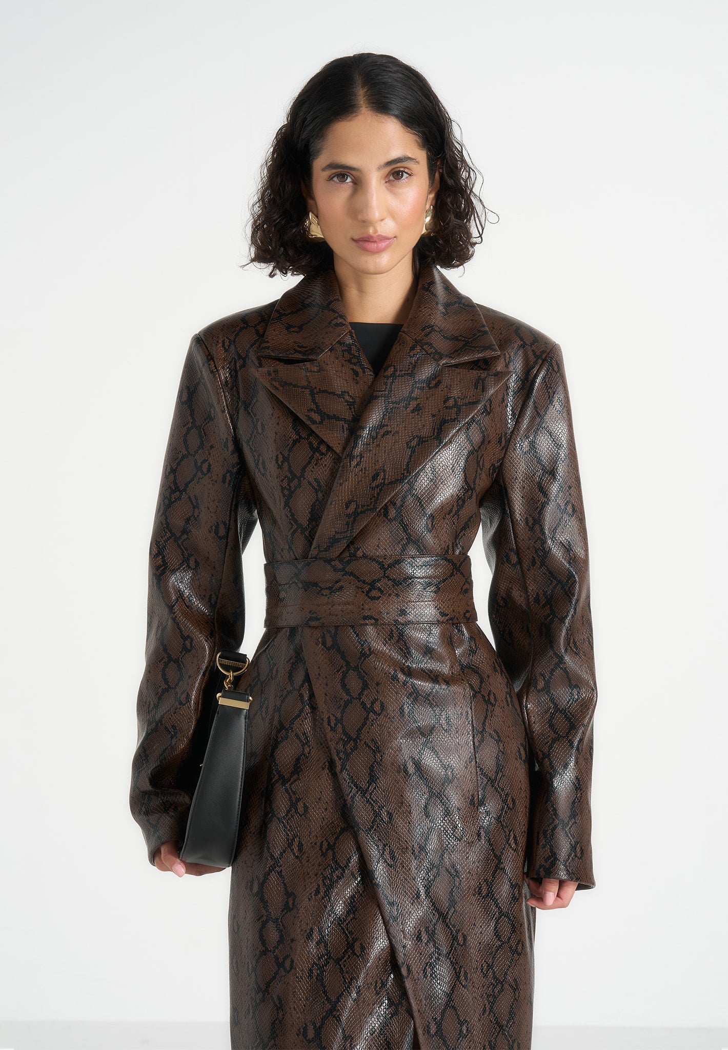 Esma - Python Asymmetric Coat with Cinch Belt - Brown