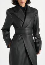 Esma - Leather Asymmetric Coat with Cinch Belt - Black