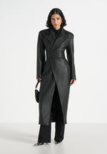 Esma - Leather Asymmetric Coat with Cinch Belt - Black