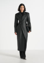Esma - Leather Asymmetric Coat with Cinch Belt - Black