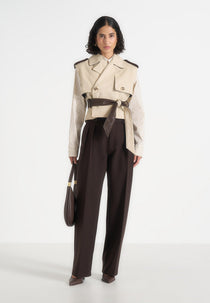 Lelia - Cropped Suede Trench 2-in-1 Gilet Coat With Belt - Beige/Brown