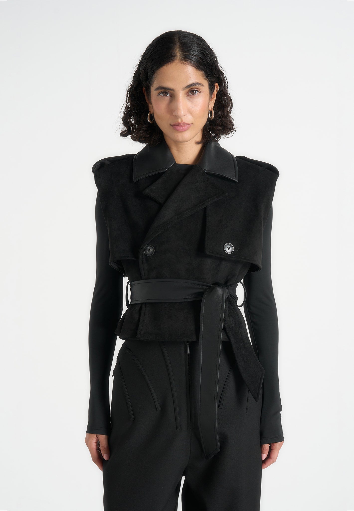 Lelia - Cropped Suede Trench 2-in-1 Gilet Coat With Belt - Black