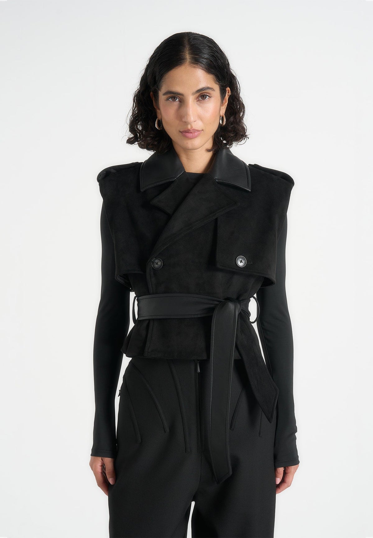 Lelia - Cropped Suede Trench 2-in-1 Gilet Coat With Belt - Black
