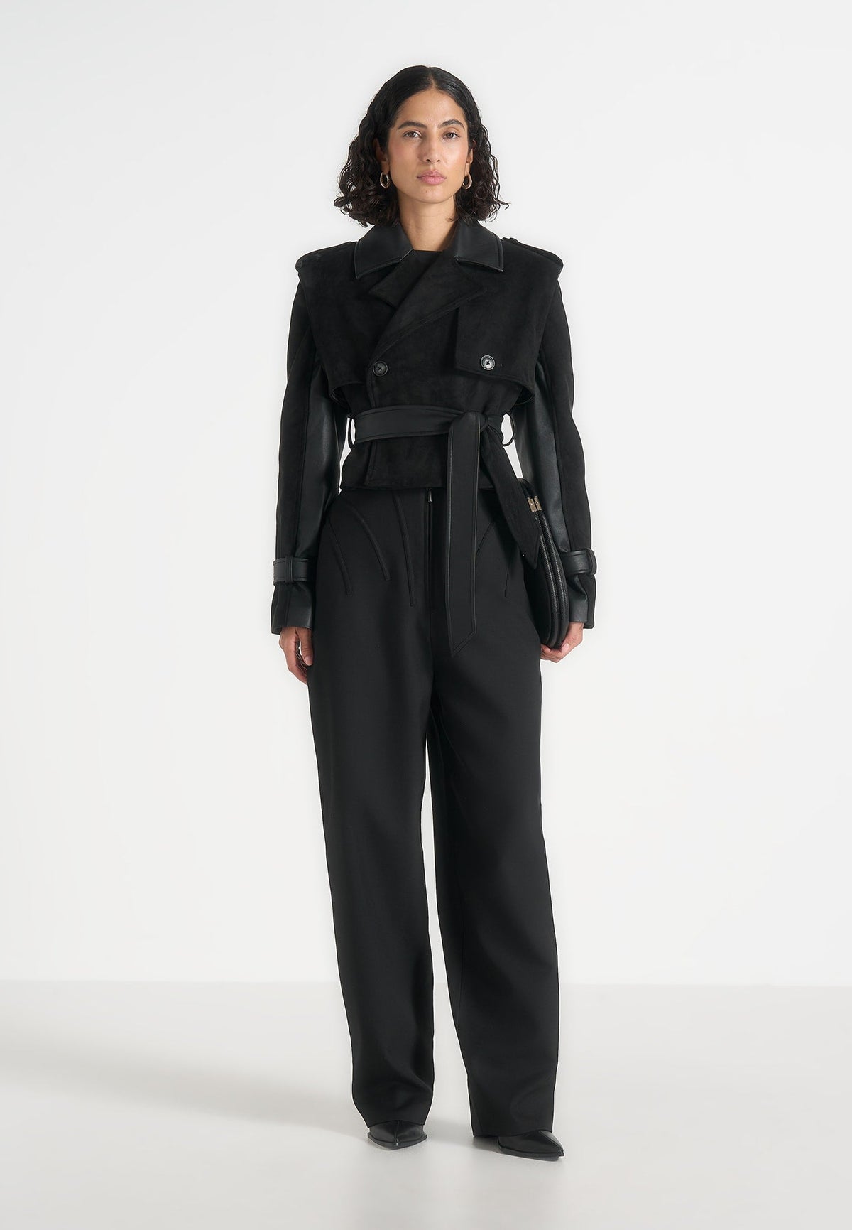 Lelia - Cropped Suede Trench 2-in-1 Gilet Coat With Belt - Black
