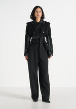 Lelia - Cropped Suede Trench 2-in-1 Gilet Coat With Belt - Black