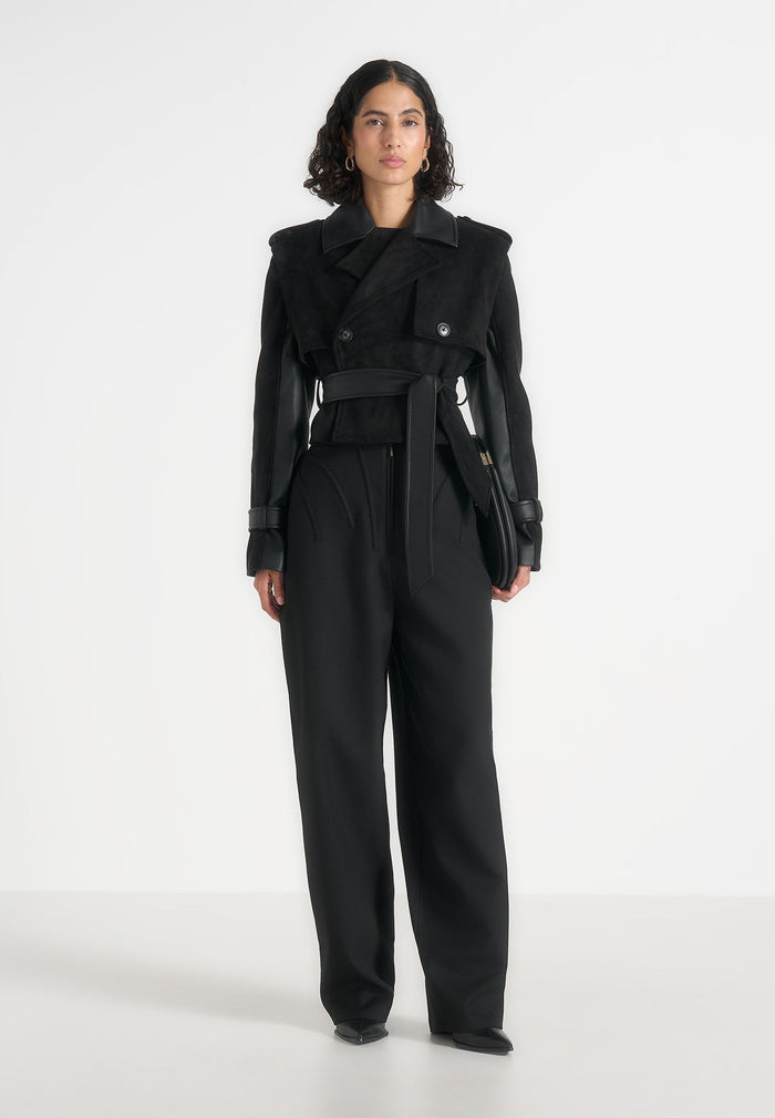 Lelia - Cropped Suede Trench 2-in-1 Gilet Coat With Belt - Black