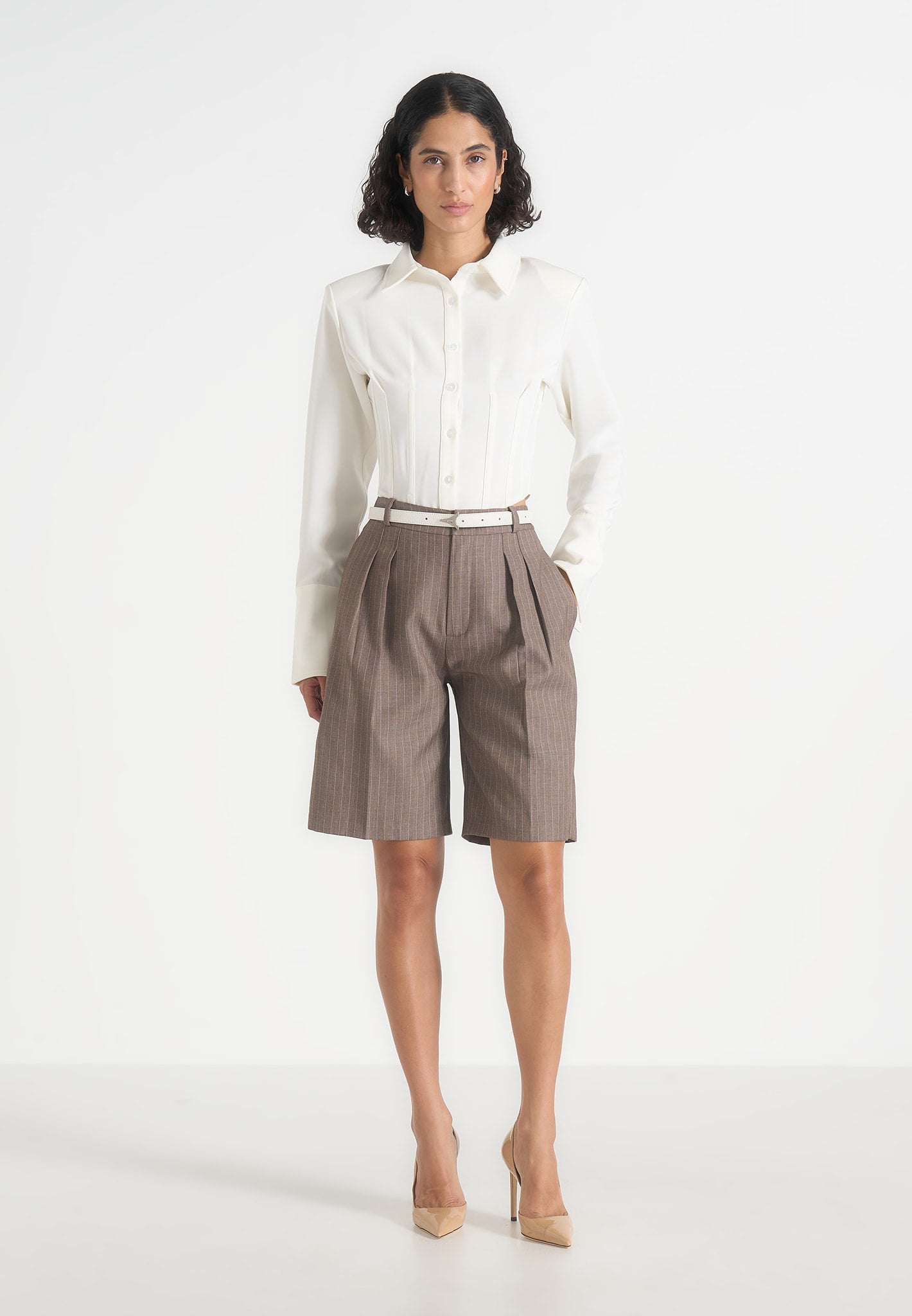 Lorette - Pinstripe Twin Pleat Tailored Shorts - Taupe