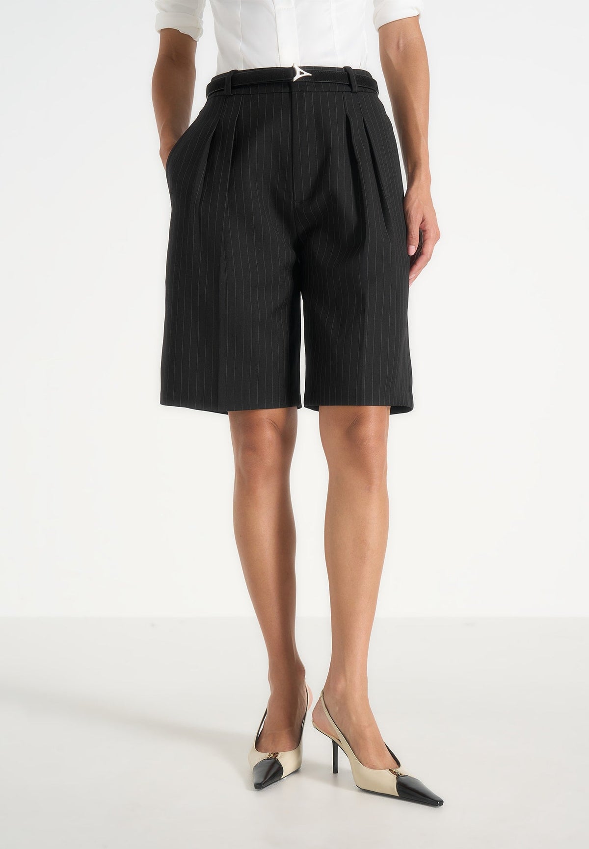 Lorette - Pinstripe Twin Pleat Tailored Shorts - Black