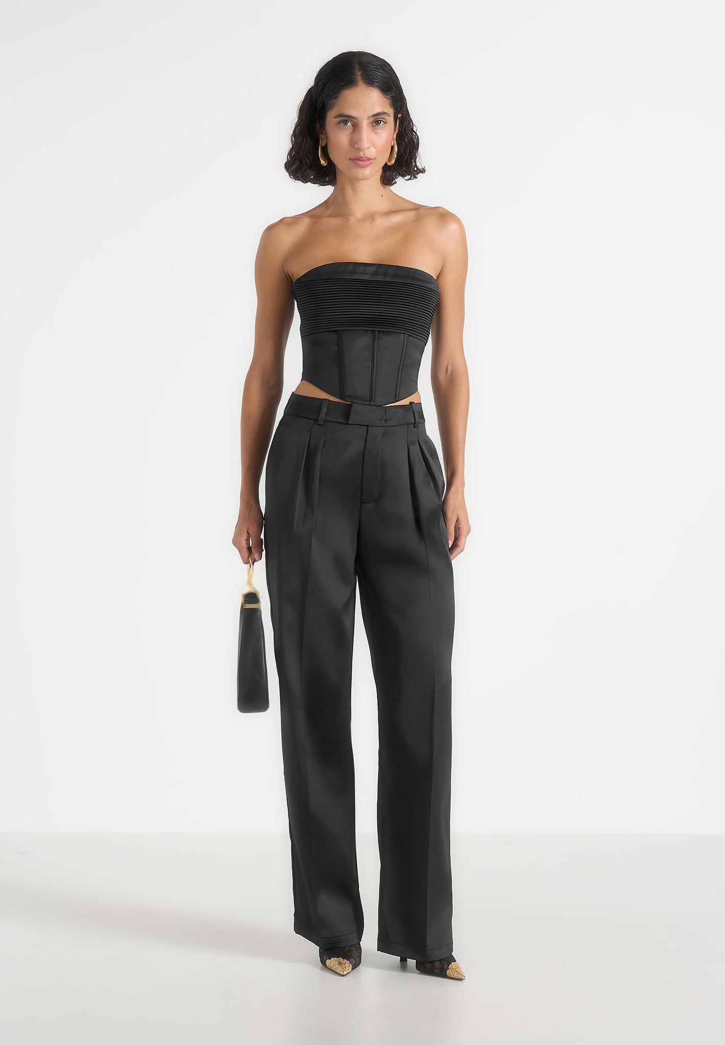Julie - Satin Twin Pleat Pants - Black