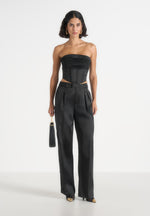 Julie - Satin Twin Pleat Pants - Black