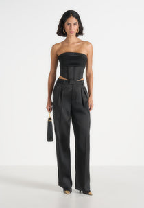 Julie - Satin Twin Pleat Pants - Black