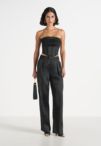 Julie - Satin Twin Pleat Pants - Black