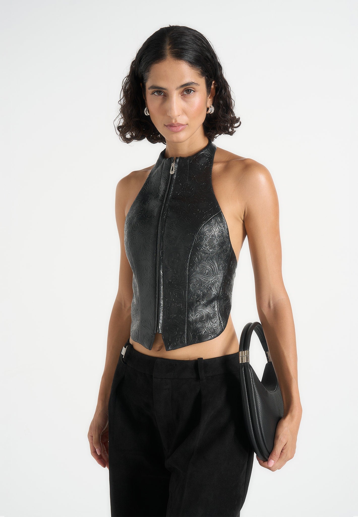 Claudette - Embossed Leather Halterneck Backless Top - Black