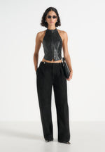 Claudette - Embossed Leather Halterneck Backless Top - Black