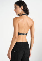 Claudette - Embossed Leather Halterneck Backless Top - Black