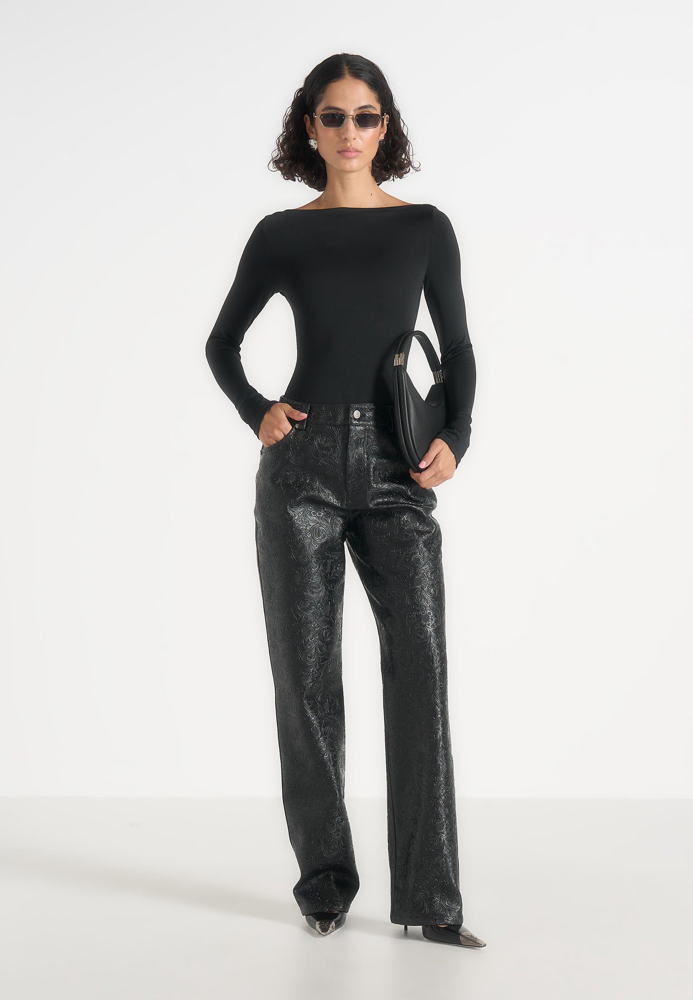 Ruth - Embossed Leather Mid Rise Trousers - Black