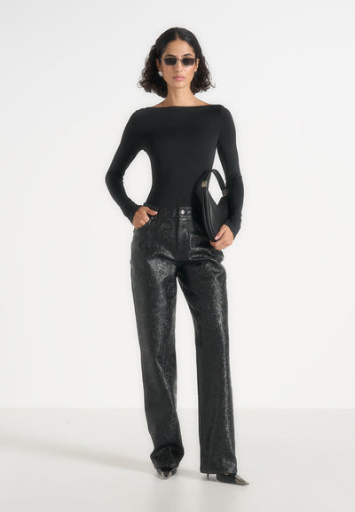 Ruth - Embossed Leather Mid Rise Trousers - Black