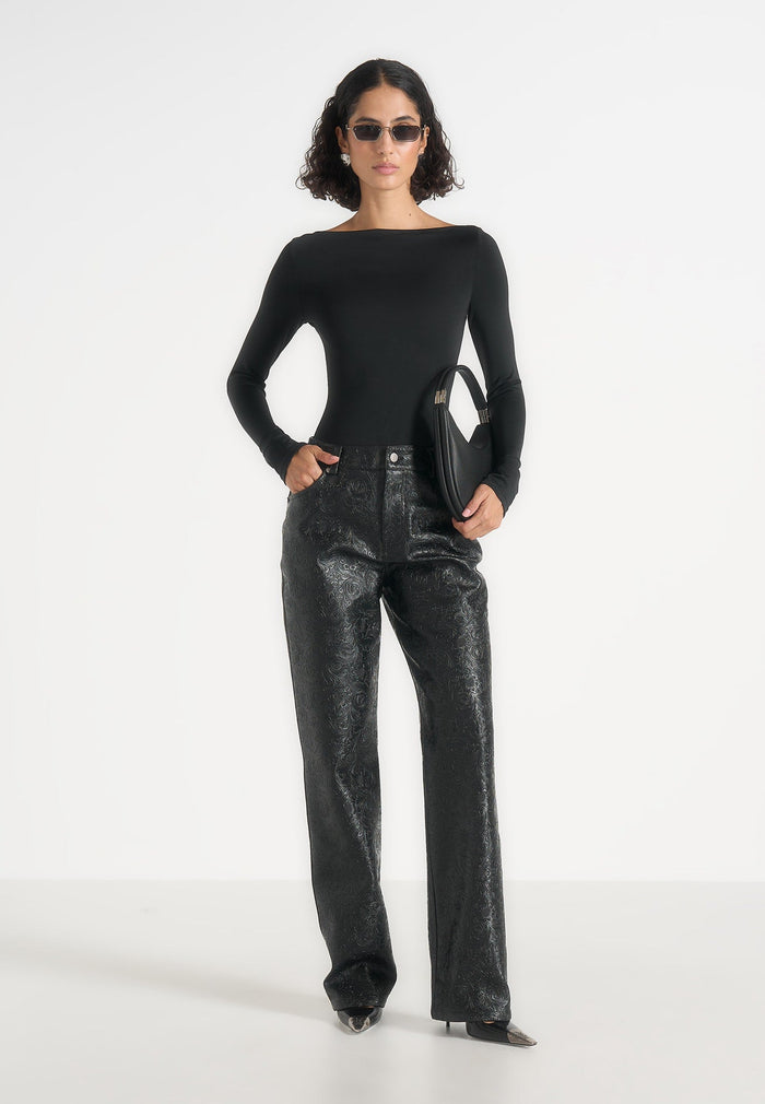Ruth - Embossed Leather Mid Rise Trousers - Black