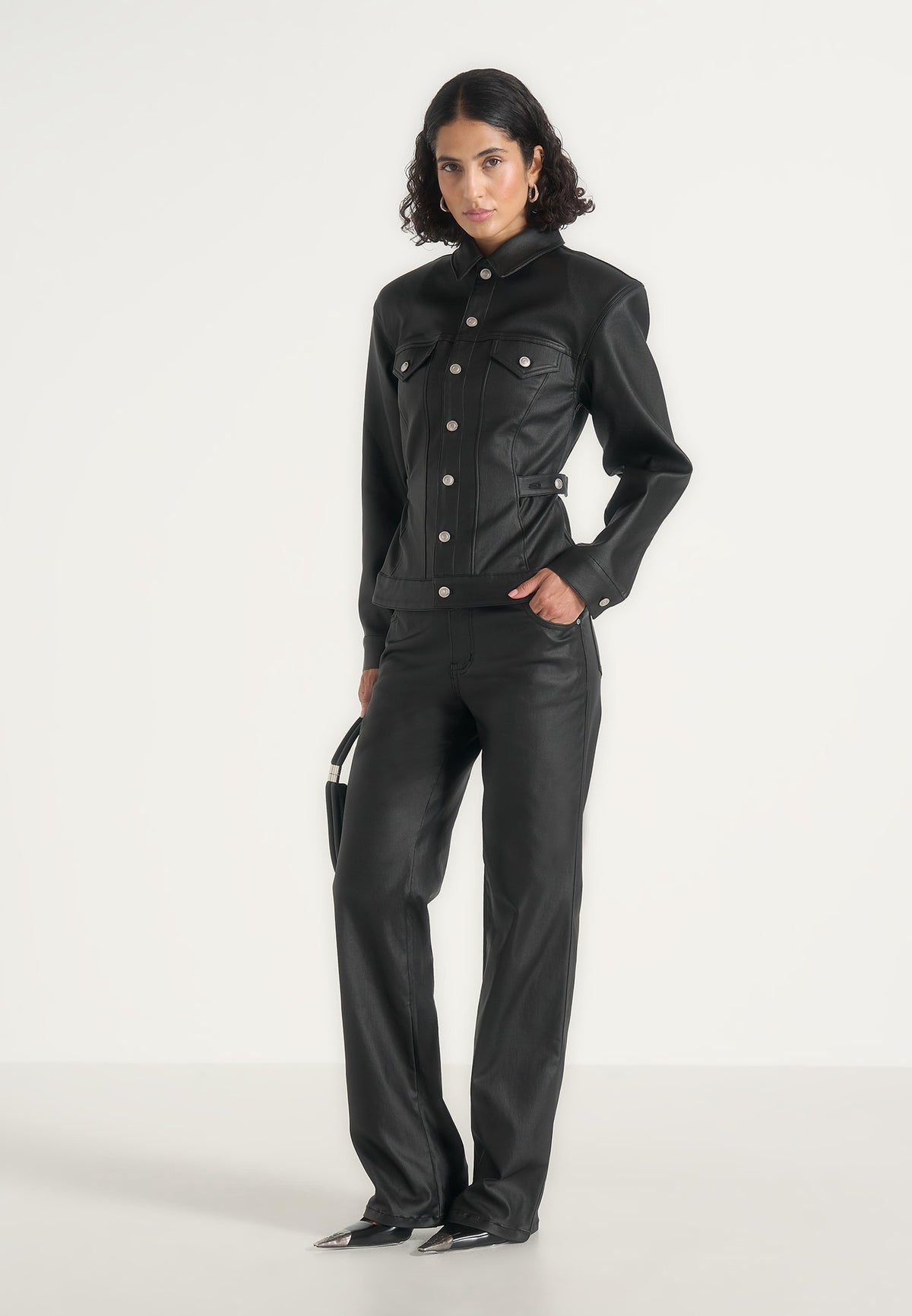 Karla - Wax Effect Cinch Waist Jacket - Black