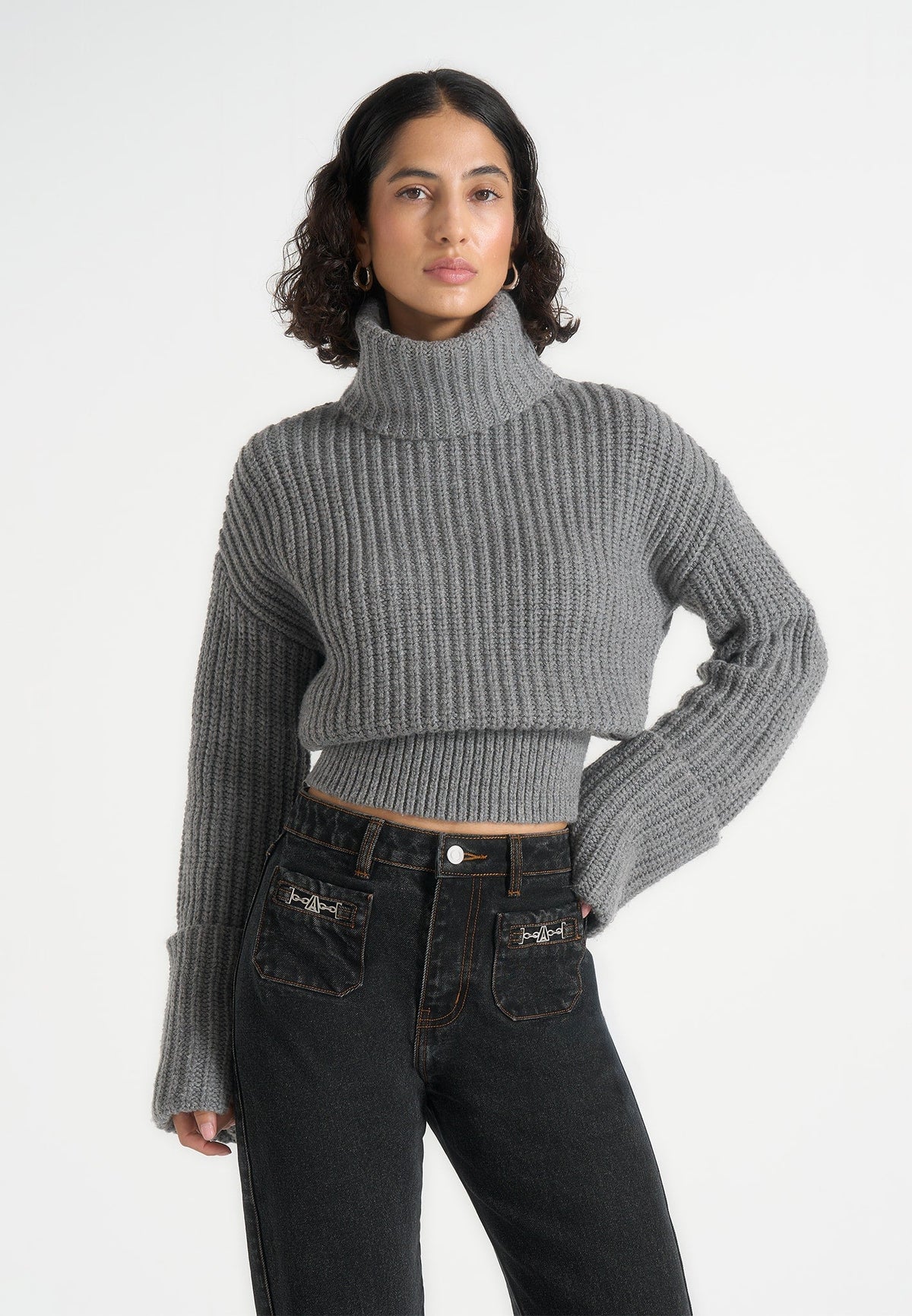 Amaya - Roll Neck Knit Sweater With Cuffs - Grey