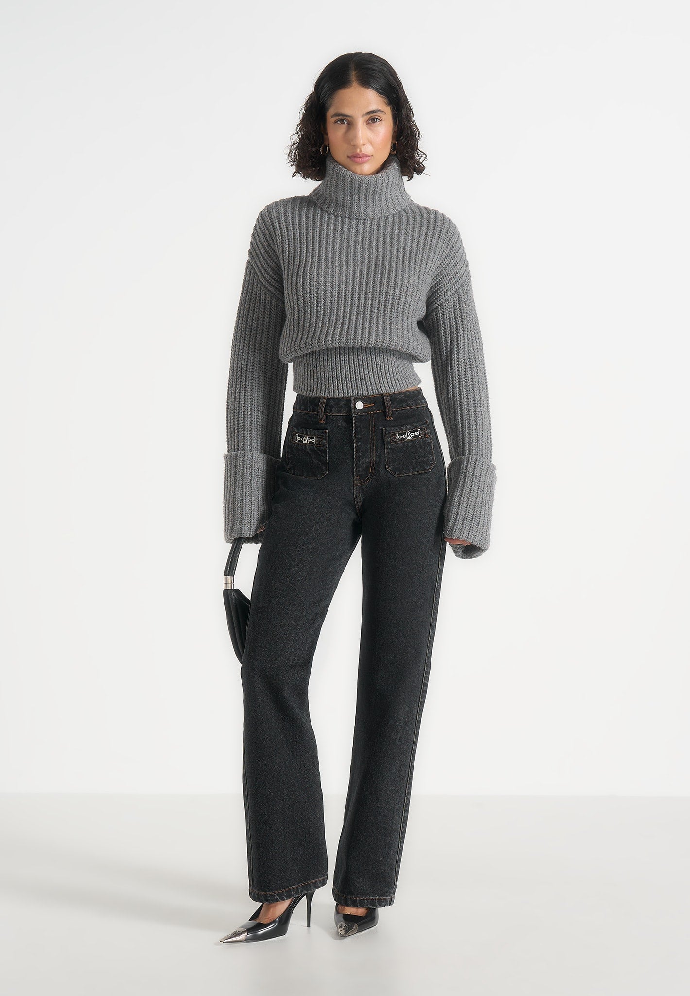 Amaya - Roll Neck Knit Sweater With Cuffs - Grey
