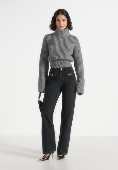Amaya - Roll Neck Knit Sweater With Cuffs - Grey