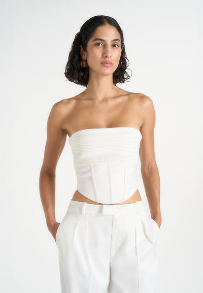 Cora - Satin Pintuck Bandeau Corset Top - Off White